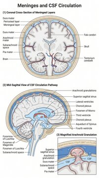 Anatomy chart of meninges and CSF circulation with ventricular system