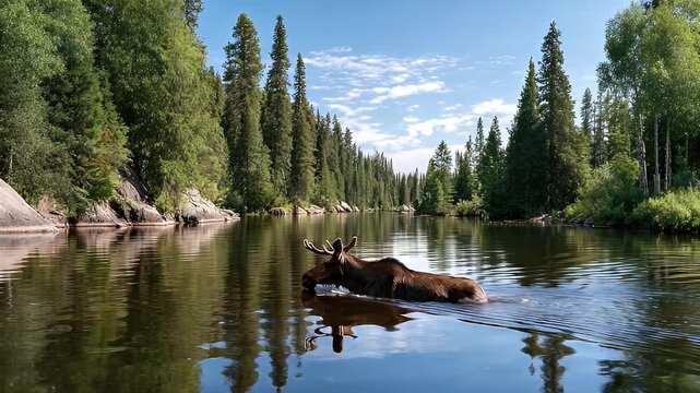 Moose wading in calm river with forest backdrop sunny day