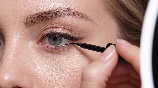 Closeup of a woman applying black liquid eyeliner to her lower lash line, focusing on precise makeup application for a defined eye look