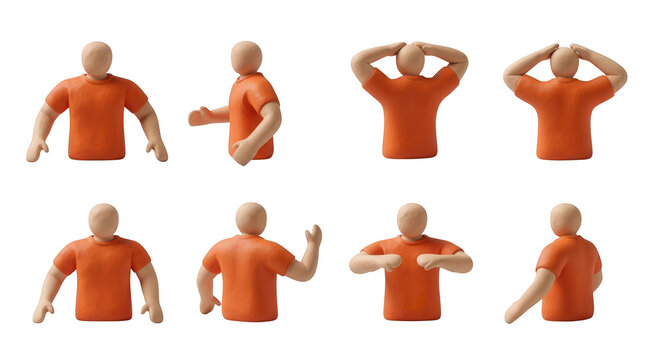 clay figure performing different actions gestures and poses on a white studio background tutorials