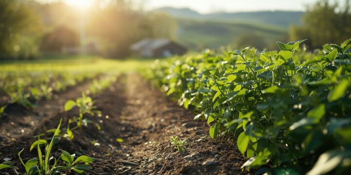 Broad Beans Growing in Sunlit Rural Vegetable Patch Close-Up, Lush Green, Evening Light
