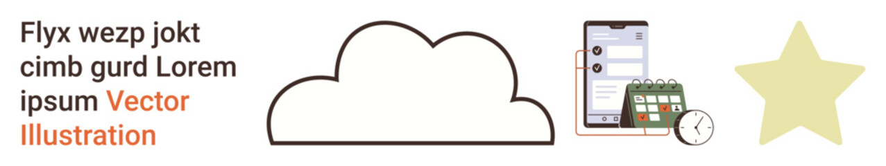 Fototapeta premium Cloud technology, productivity, scheduling, rating systems, tech integration, communication tools. Cloud, smartphone with a calendar and clock and a star symbol. Cloud technology and productivity