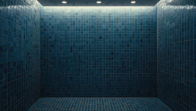 Blue square tiles with aged finish covering wall of indoor pool changing room
