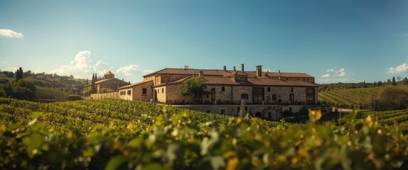 Fototapeta premium Bright midday view of traditional winery surrounded by well maintained vineyard terraces