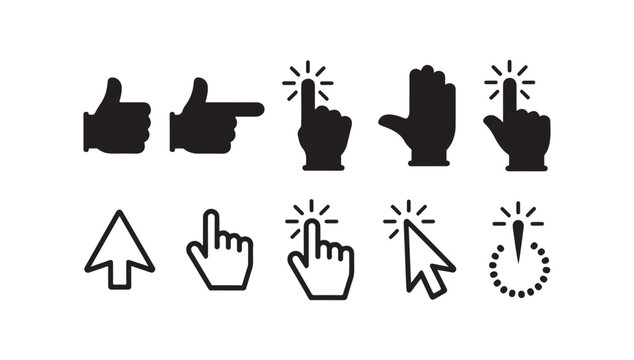 Hand cursor and arrow pointer icons collection featuring thumbs up pointing and click action signs.