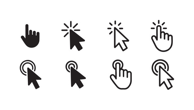 Mouse pointer and hand cursor icon set for digital navigation with different click and tap styles.