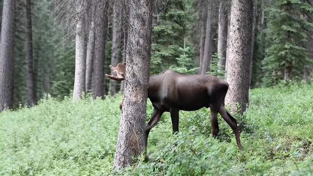 Moose walking through forest environment daytime