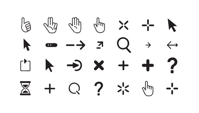 Collection of diverse icons for user interface, cursor types, and actions.