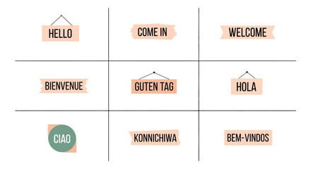 Multilingual Greetings Board: Hello, Welcome, Bienvenue, Guten Tag, Hola, Ciao © Kamis