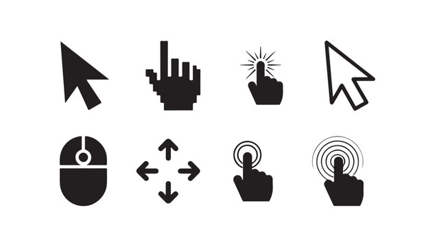Black silhouette computer mouse icons and touchscreen hand gesture symbols on checkered background.