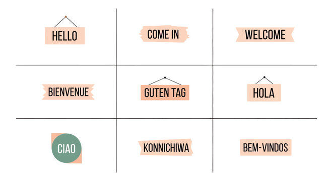 Multilingual Greetings Board: Hello, Welcome, Bienvenue, Guten Tag, Hola, Ciao