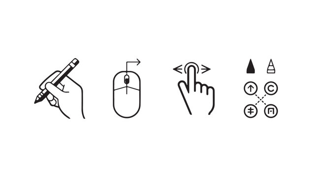 Set of human hand holding pen mouse and touch screen gestures line icons.