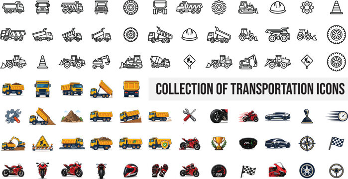 Collection of transportation icons featuring trucks cars motorcycles and construction vehicles in a linear style on a white background