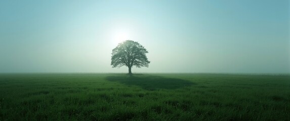 Fototapeta premium calm spiritual journey symbolized by a single tree silhouette on a lush meadow