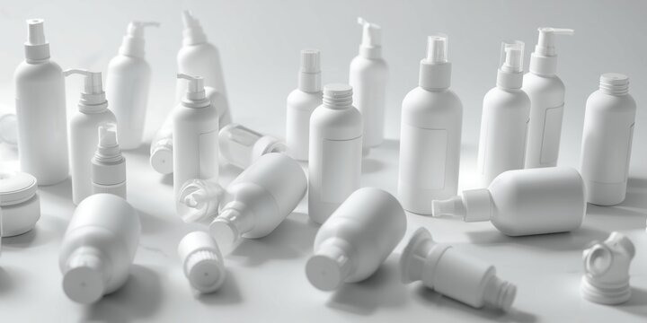 Array of isolated white plastic nasal spray bottles with blank labels in different dimensions and angles laid out on white background
