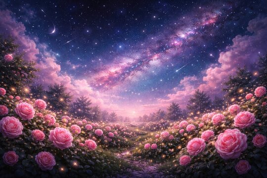 Panoramic fantasy banner of a starry magical night sky with wispy clouds and lush pink rose blossoms garden, idyllic with copy space