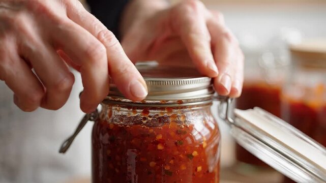 Closeup of hands closing a glass jar filled with homemade spicy chili sauce or salsa