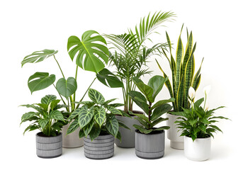 Fototapeta premium Assorted tropical houseplants in modern striped and white pots against bright studio background