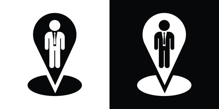 User location pin icon vector illustration. Map pointer with businessman figure symbol isolated on black and white background for profile position, employee tracking, and meeting point.