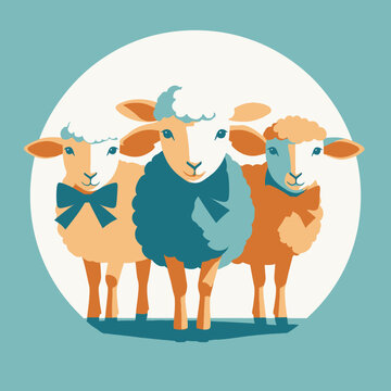 Urocza ilustracja wektorowa przedstawiająca trzy stylizowane owce o płaskich kolorach, z jedną w muszce, na jasnoniebieskim tle, idealna dla dzieci.