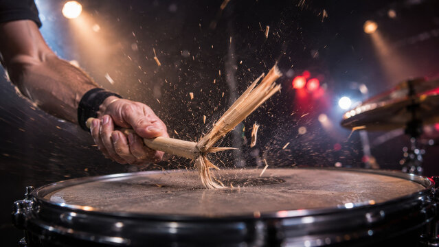 Drummer hitting snare drum with drumstick breaking creating wood chips and dust