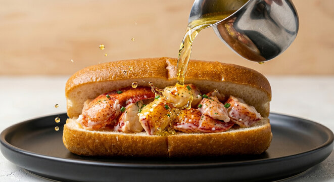 A dynamic action shot of warm, clarified butter being drizzled from a small stainless steel pitcher onto a Connecticut-style lobster roll. 