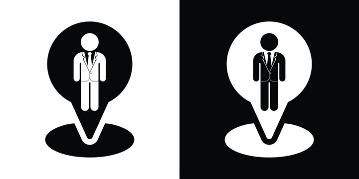 User location pin icon vector illustration. Map pointer with businessman figure symbol isolated on black and white background for profile position, employee tracking, and meeting point.