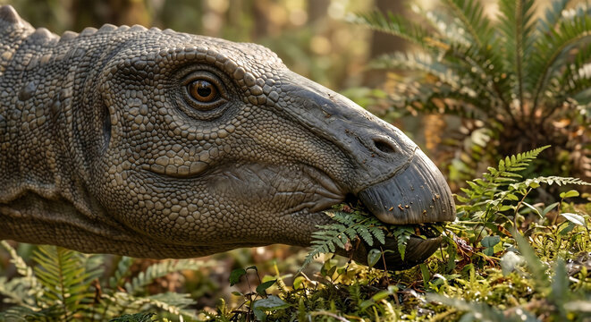 A detailed close-up portrait focusing sharply on the head of a Hadrosaurus