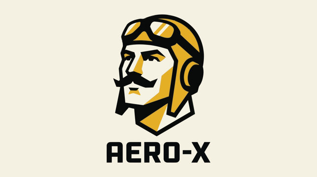 Retro Aviator Pilot Icon with Mustache and Goggles, Aero-X Logo