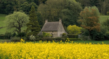 Fototapeta premium Charming rural village scene with a quaint house surrounded by blooming yellow fields and vibrant greenery