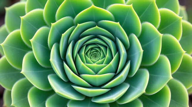 Macro shot of green succulent rosette with geometric symmetry, concept of nature aesthetics, Fibonacci spiral structure and core synergy background