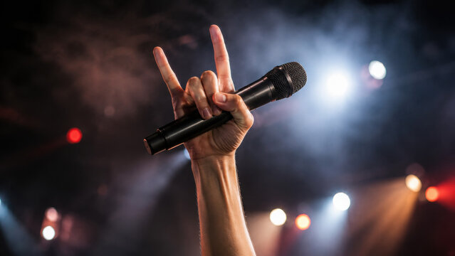 A hand holds a microphone making the rock and roll hand gesture with stage lights and smoke