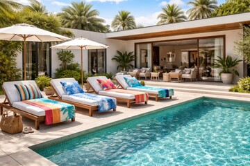 Fototapeta premium Refined home exterior design with sparkling pool, inviting sunbeds, and vibrant coastal beach towels