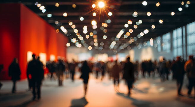 Arte mossa di una fiera professionale vivace con folla in movimento e illuminazione calda