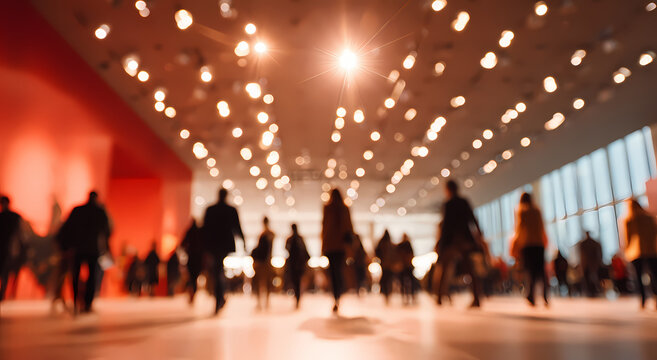 Arte mossa di una fiera professionale vivace con folla in movimento e illuminazione calda