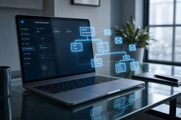 Fototapeta premium Laptop with holographic email automation workflow in office