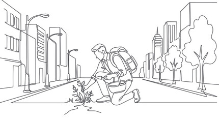 Obraz premium Urban Gardener Planting Greenery in City Street Crack