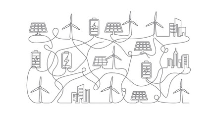 Naklejka premium Renewable Energy Grid: Wind Turbines, Solar Panels, Batteries, and Cityscape
