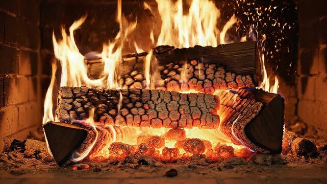 Cozy burning fireplace with glowing wood logs and warm flames for home comfort and relaxation
