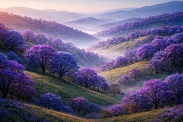 Fototapeta premium Rolling hills adorned with shaded trees that have striking purple and blue coloration