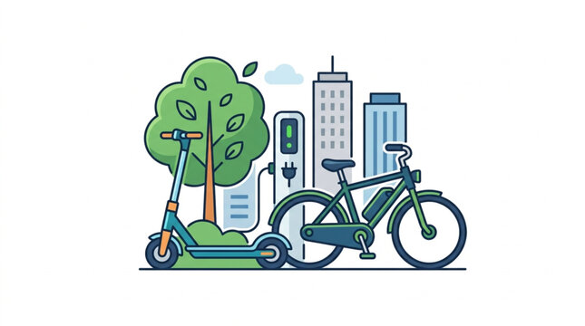 Electric Scooter and Bicycle Charging Station in a Green City.