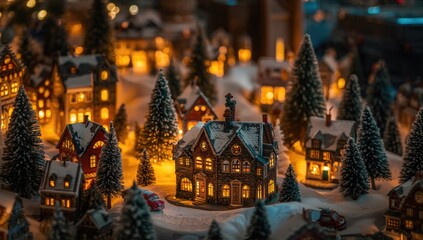 Fototapeta premium Christmas Miniature Town Display Warmly Lit Homes and Snow-Covered Trees, Festive Atmosphere