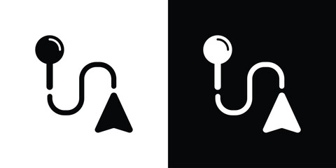 Route navigation pin icon vector illustration. Map pointer with path line and arrow cursor symbol isolated on black and white background for logistics, journey tracking, and travel delivery. © bibin