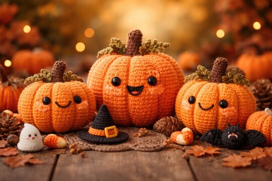 Three smiling crocheted pumpkins combined with delightful handmade Halloween accents on a softly blurred fall background