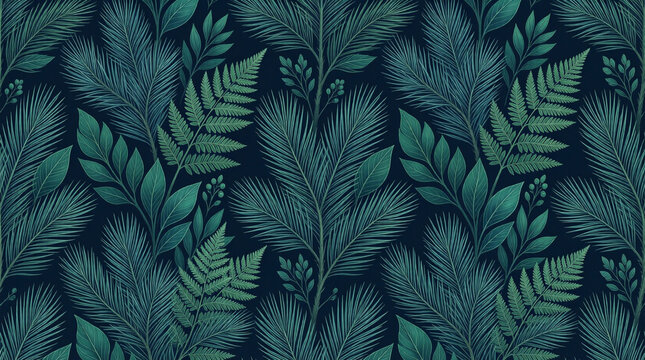 Seamless botanical pattern with pine needles and fern leaves on dark background, luxury vintage tropical wallpaper texture