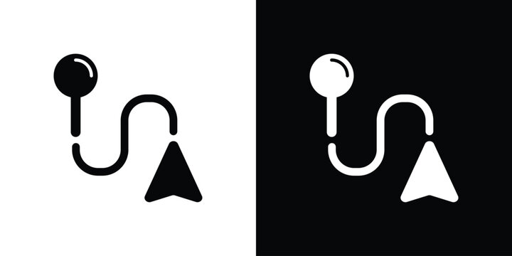 Route navigation pin icon vector illustration. Map pointer with path line and arrow cursor symbol isolated on black and white background for logistics, journey tracking, and travel delivery.