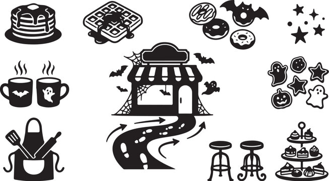 Halloween Food and Drink Icons Set Black White