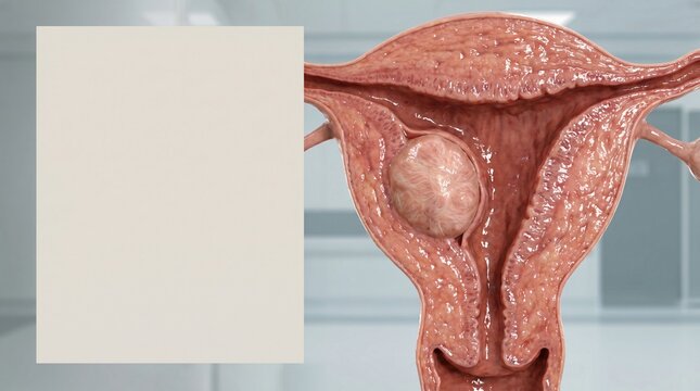Anatomical illustration showing a cross section of the female reproductive system with a uterine fibroid