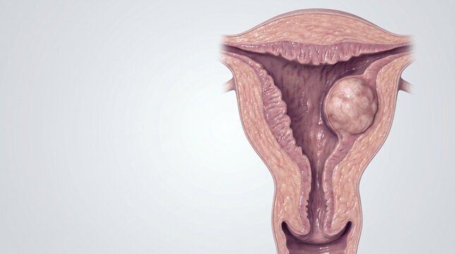 Anatomical illustration showing a cross section of the uterus with a fibroid tumor