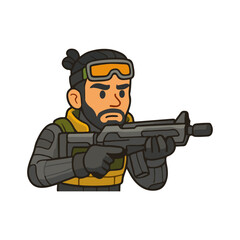 Fototapeta premium Focused soldier aiming rifle. Tactical military fighter with gun. Commando character in shooting stance.